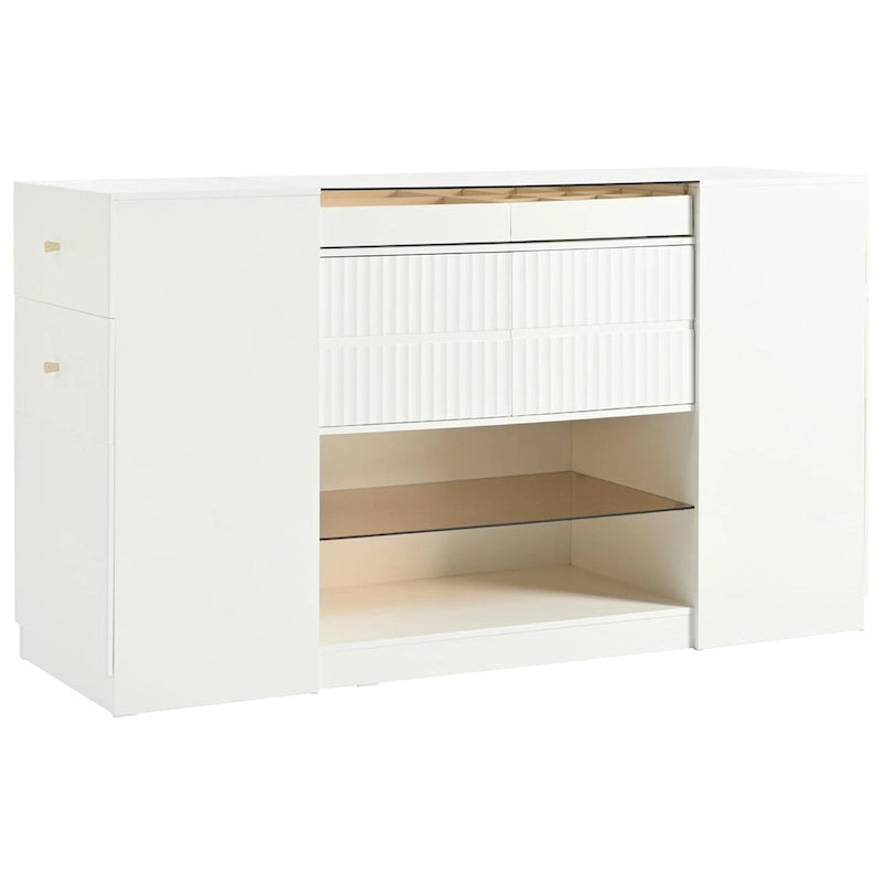Multi-Functional Island Vanity Dresser and Storage Cabinet with Glass Tabletop, Display Shelf,6 Drawers