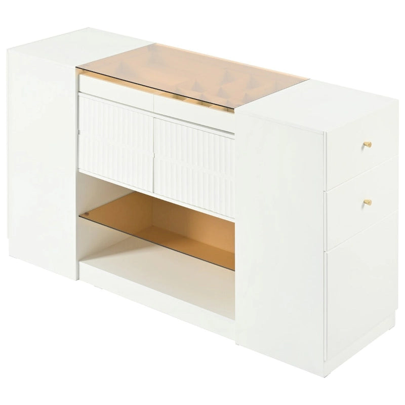 Multifunktionaler Schminktisch mit Insel, Stauraumschrank, Glasplatte, Präsentationsablage und 6 Schubladen