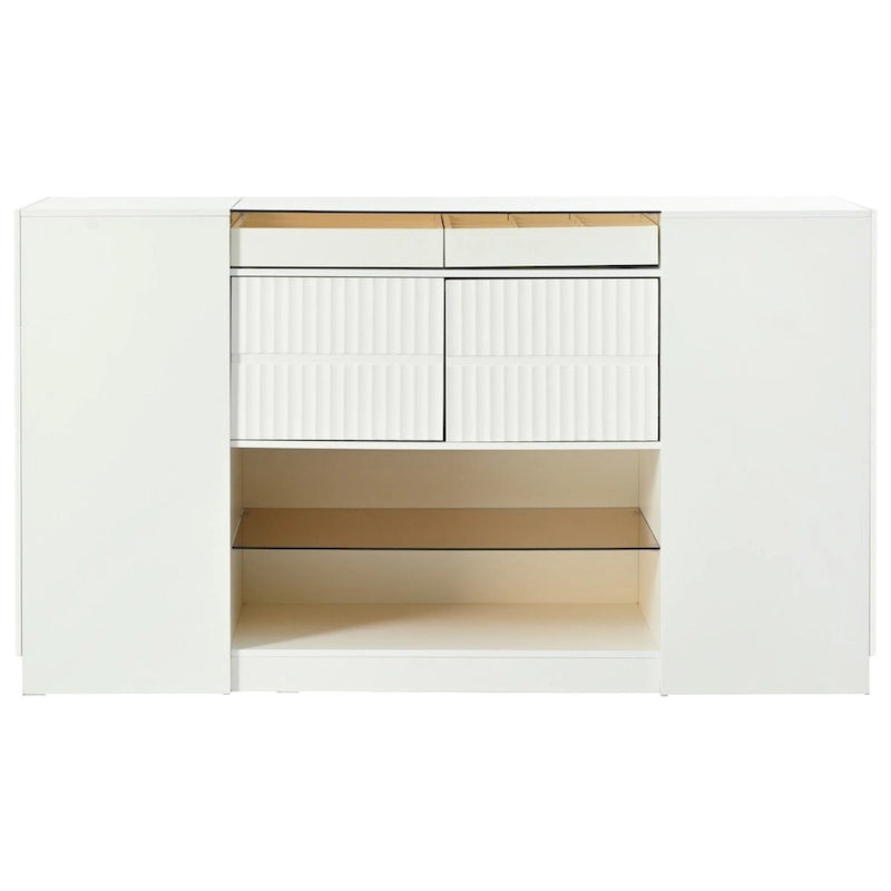 Multifunktionaler Schminktisch mit Insel, Stauraumschrank, Glasplatte, Präsentationsablage und 6 Schubladen