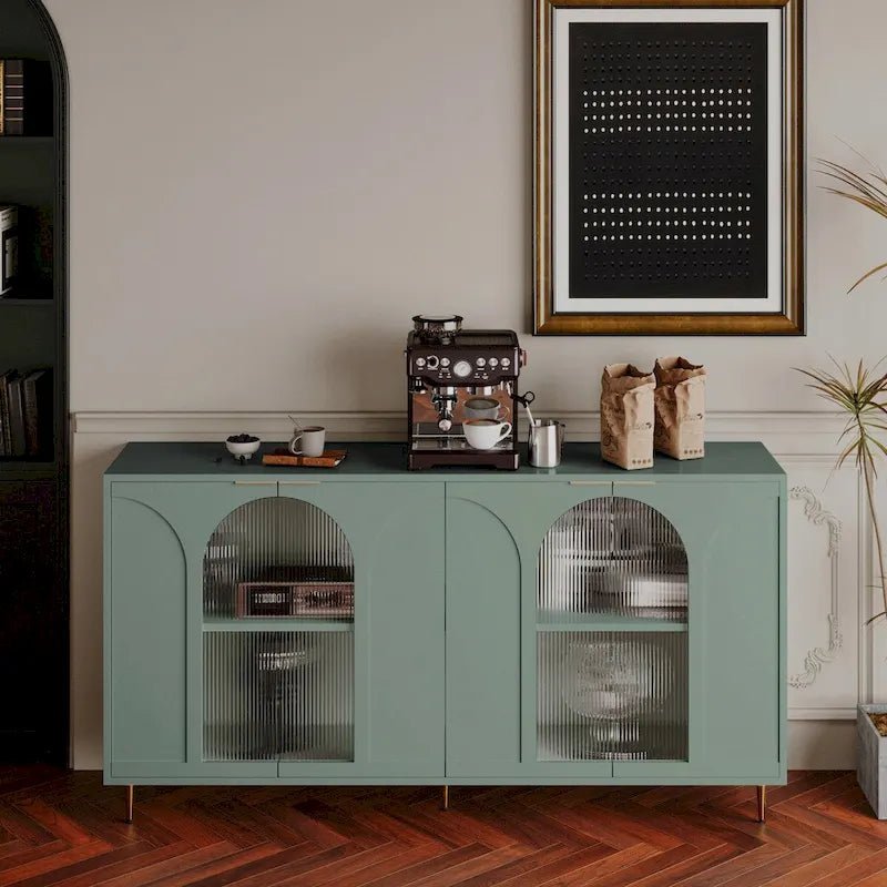 Mint Green Lacquered Cabinet with 4 Glass Doors - Sideboard Buffet