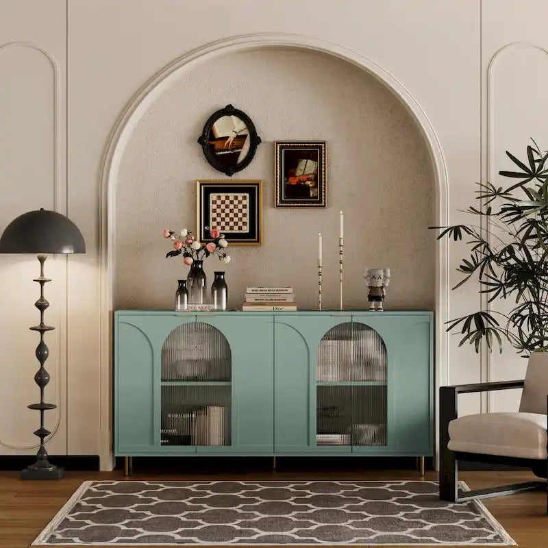 Mint Green Lacquered Cabinet with 4 Glass Doors - Sideboard Buffet