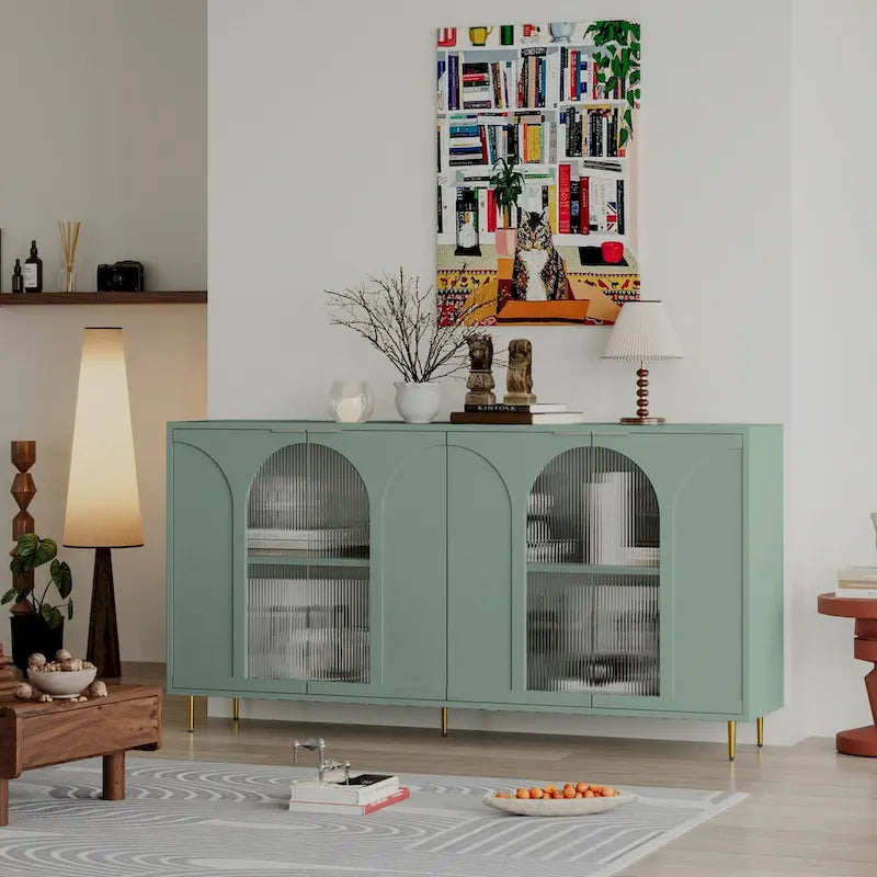 Mintgrün lackierter Schrank mit 4 Glastüren - Sideboard-Buffet