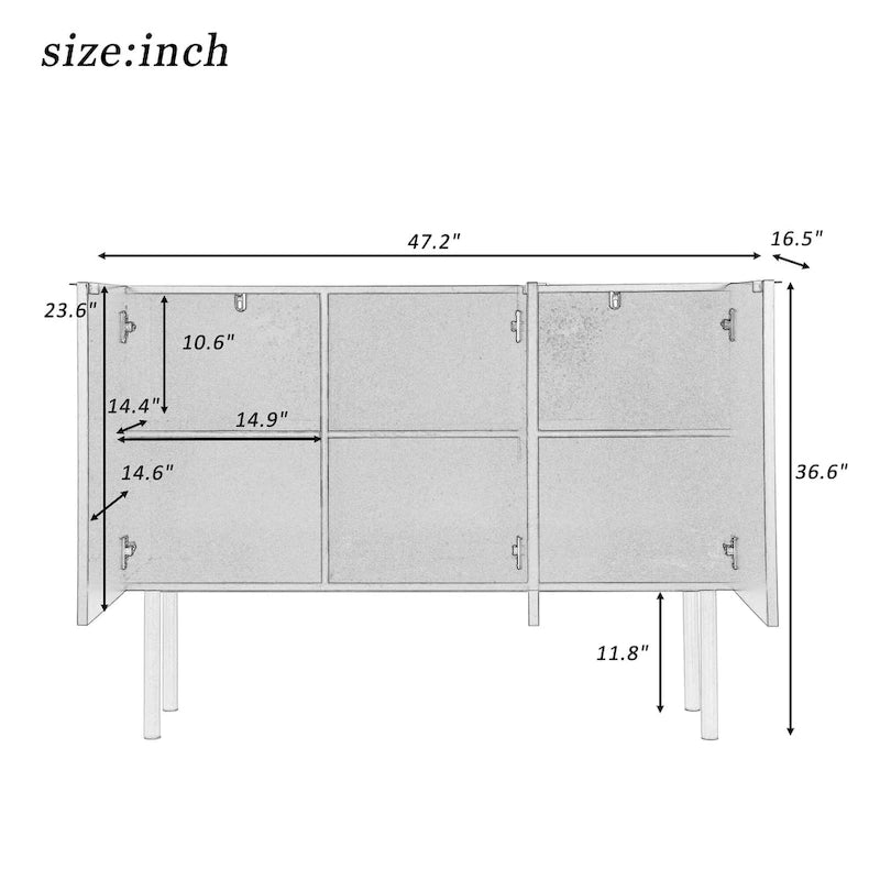 Sideboard mit goldfarbenen Metallbeinen, Griffen und verstellbaren Einlegeböden - 47L x 16.5W x 35.5H
