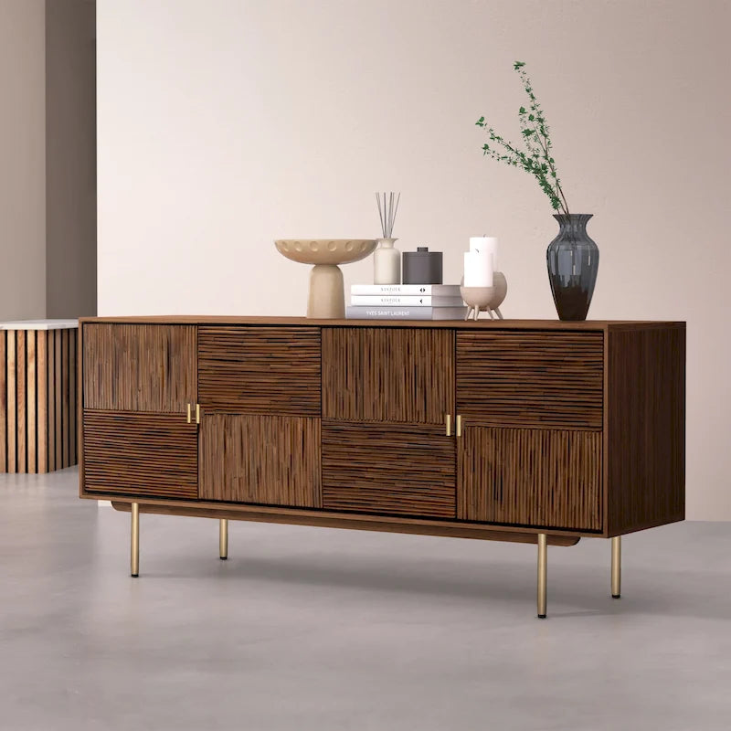 63" breites Sideboard aus Akazienholz und Rattan mit Türen und Soft-Close-Funktion