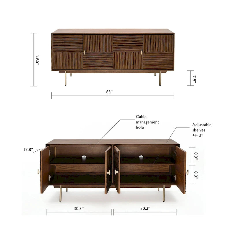 63" breites Sideboard aus Akazienholz und Rattan mit Türen und Soft-Close-Funktion