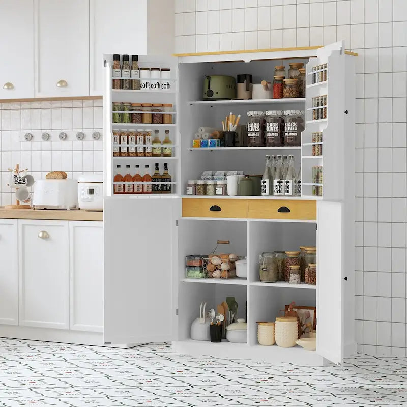 40.2x20x71.3inch High Freestanding Kitchen Pantry Large Cupboard Storage Cabinet with 2 Drawers, 2 Adjustable 8 Door Shelves