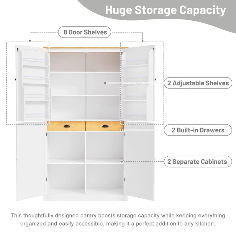 40.2x20x71.3inch High Freestanding Kitchen Pantry Large Cupboard Storage Cabinet with 2 Drawers, 2 Adjustable 8 Door Shelves