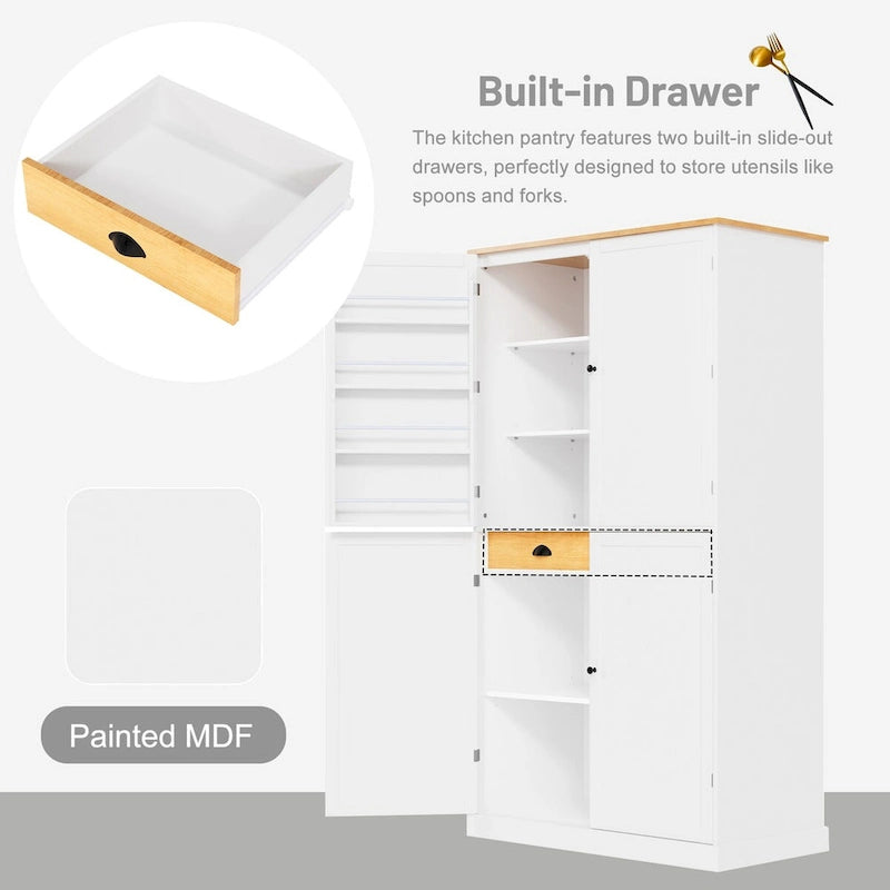40.2x20x71.3inch High Freestanding Kitchen Pantry Large Cupboard Storage Cabinet with 2 Drawers, 2 Adjustable 8 Door Shelves