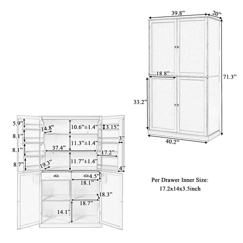 Freistehender Küchen-Vorratsschrank, 40.2x20x71.3inch hoch, großer Aufbewahrungsschrank mit 2 Schubladen und 2 verstellbaren Einlegeböden hinter 8 Türen