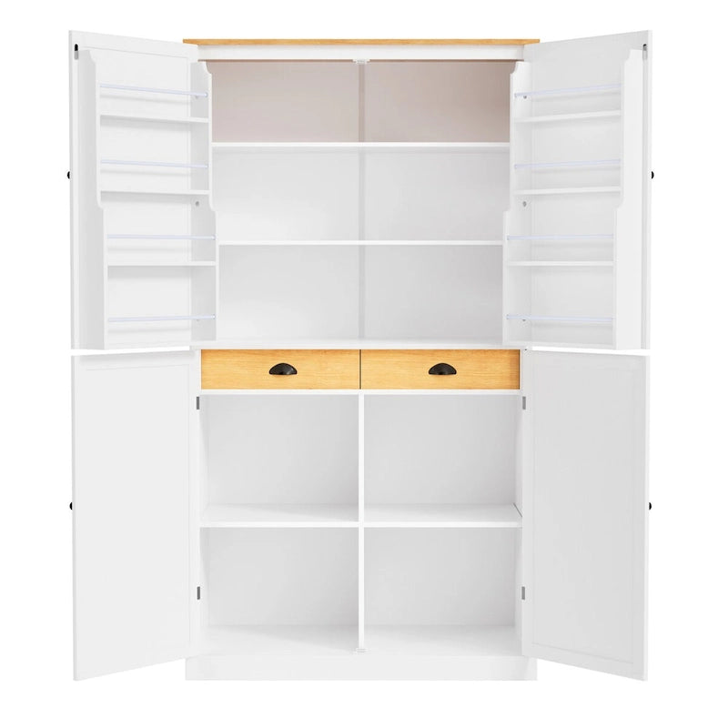 Freistehender Küchen-Vorratsschrank, 40.2x20x71.3inch hoch, großer Aufbewahrungsschrank mit 2 Schubladen und 2 verstellbaren Einlegeböden hinter 8 Türen