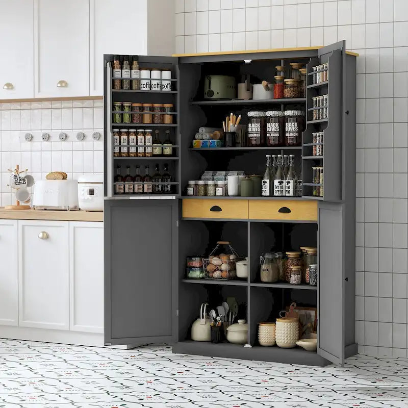 Freistehender Küchen-Vorratsschrank, 40.2x20x71.3inch hoch, großer Aufbewahrungsschrank mit 2 Schubladen und 2 verstellbaren Einlegeböden hinter 8 Türen