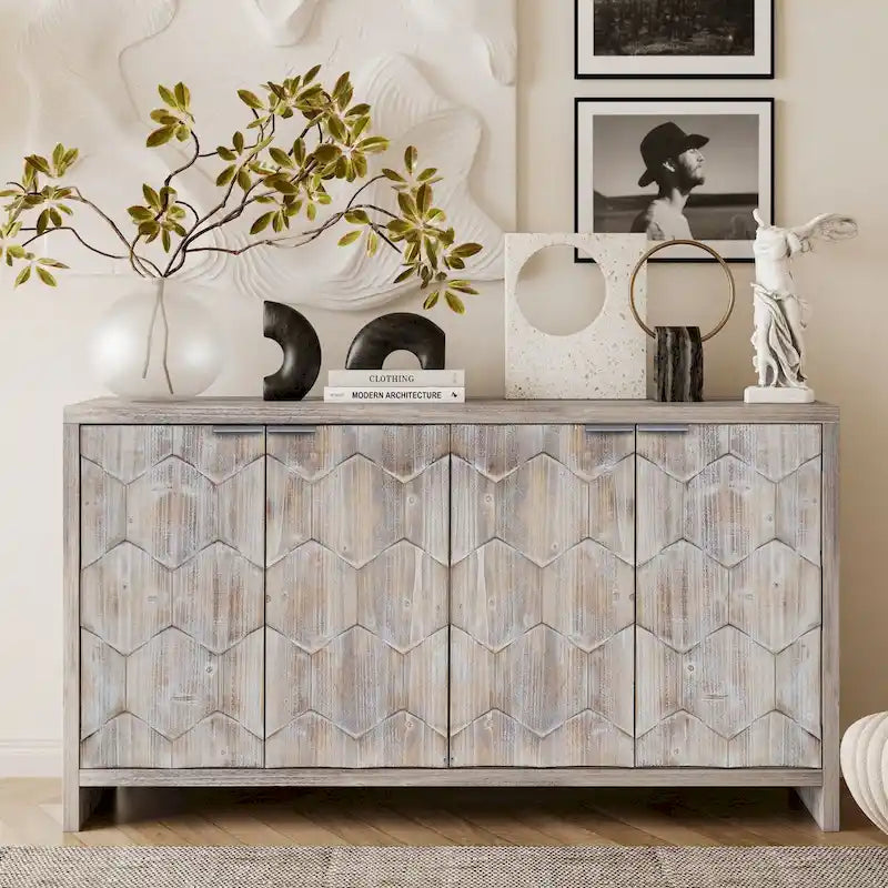 Sideboard-Buffetschrank im Landhausstil mit 4 Türen und geriffelten Türen