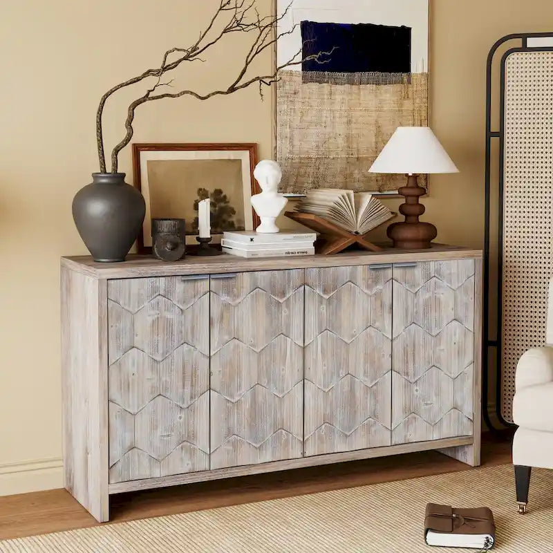 Farmhouse 4-Door Sideboard Buffet Cabinet with Fluted Doors