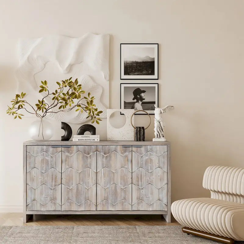 Sideboard-Buffetschrank im Landhausstil mit 4 Türen und geriffelten Türen