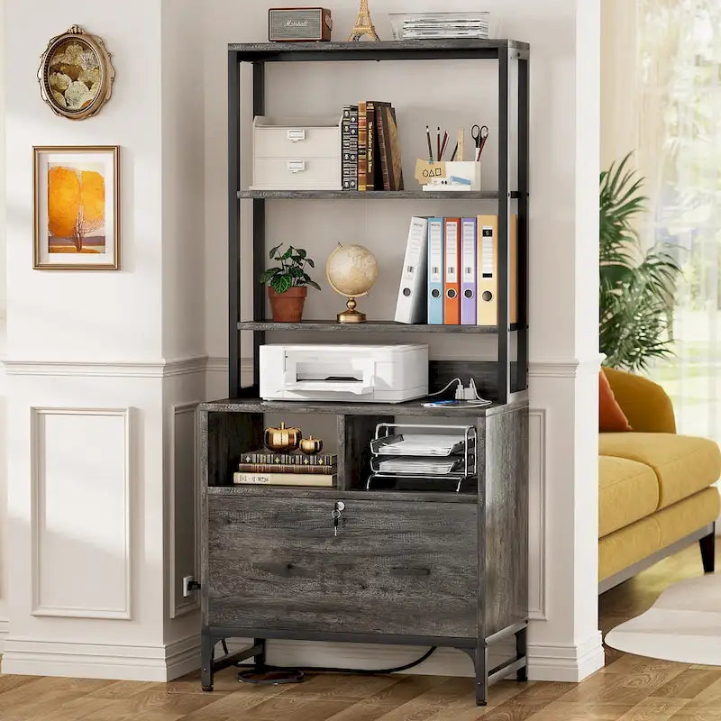 61H Office File Cabinet with Locked Drawers and Hutch, Sideboard with USB Station and Hutch
