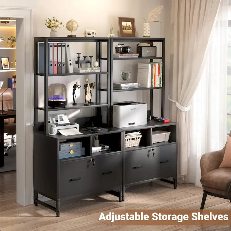 61H Office File Cabinet with Locked Drawers and Hutch, Sideboard with USB Station and Hutch