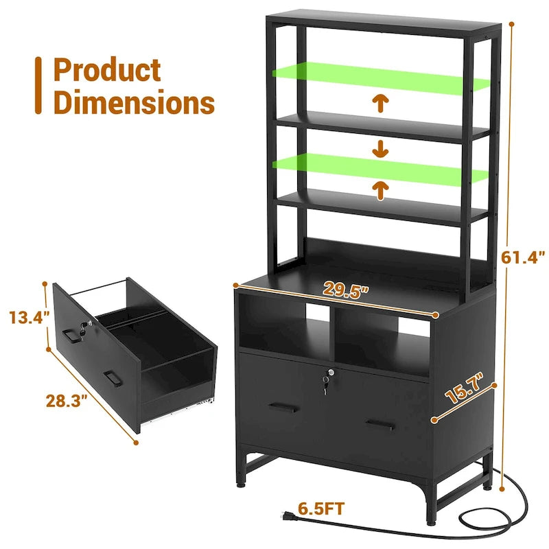 61H Office File Cabinet with Locked Drawers and Hutch, Sideboard with USB Station and Hutch