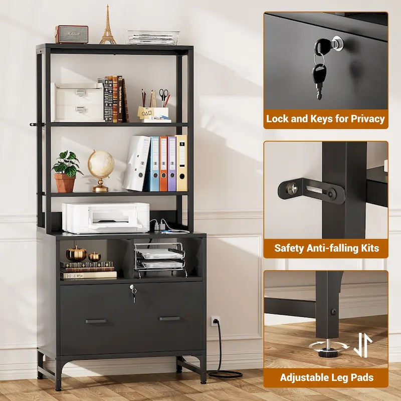 61H Office File Cabinet with Locked Drawers and Hutch, Sideboard with USB Station and Hutch