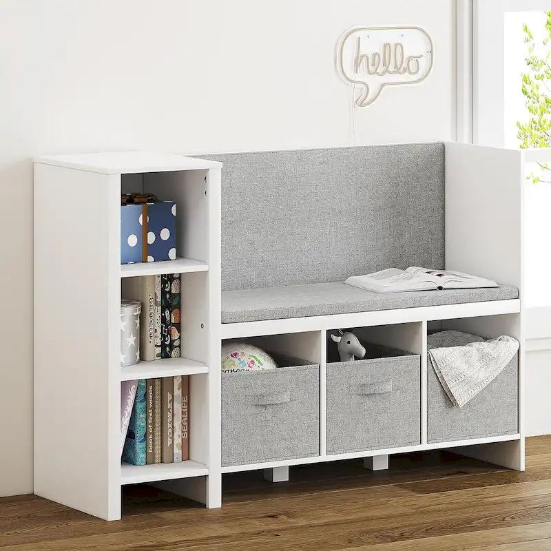 Kids Bookshelf with Reading Nook, Bench and Toy Storage Organizer with Cushions