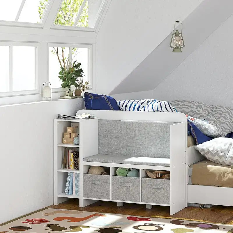 Kids Bookshelf with Reading Nook, Bench and Toy Storage Organizer with Cushions