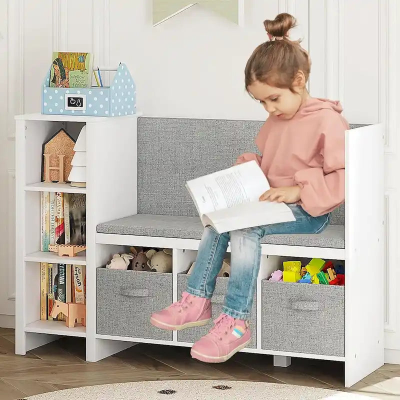 Kids Bookshelf with Reading Nook, Bench and Toy Storage Organizer with Cushions
