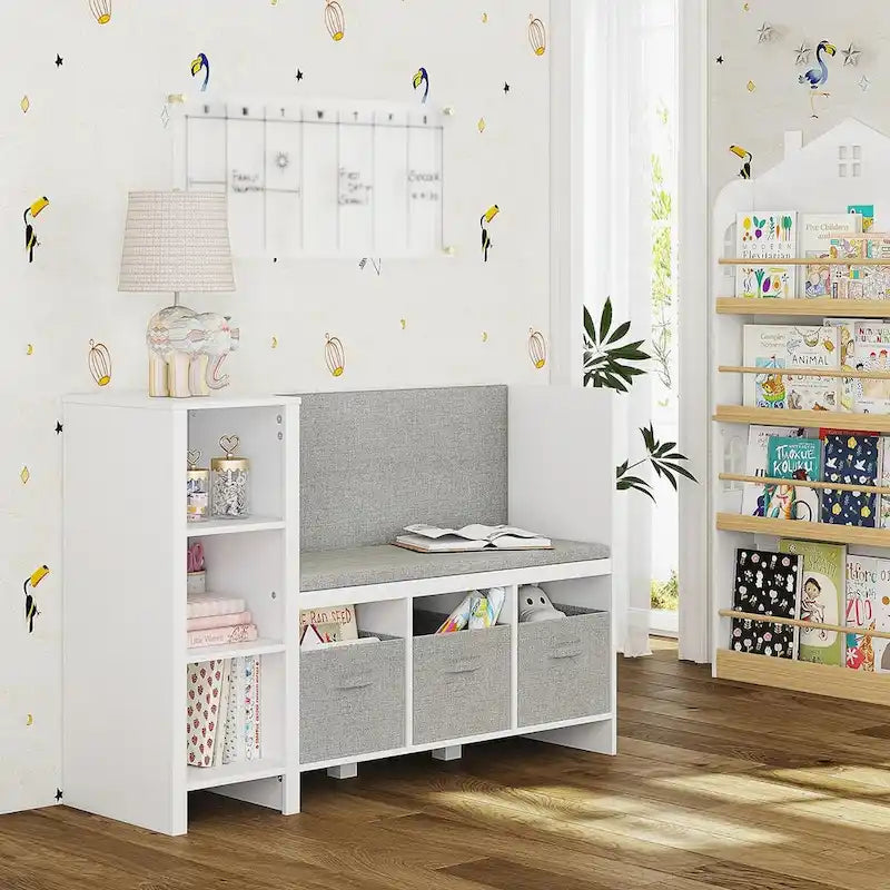 Kids Bookshelf with Reading Nook, Bench and Toy Storage Organizer with Cushions