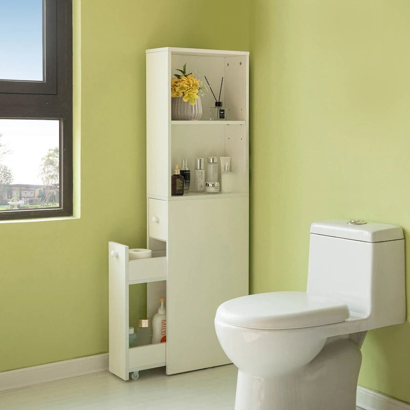 Badezimmer-Aufbewahrungsschrank, ideal zur Aufbewahrung von Toilettenpapier und zur Organisation von Damenhygieneartikeln, mit Schublade und verstellbarem Einlegeboden