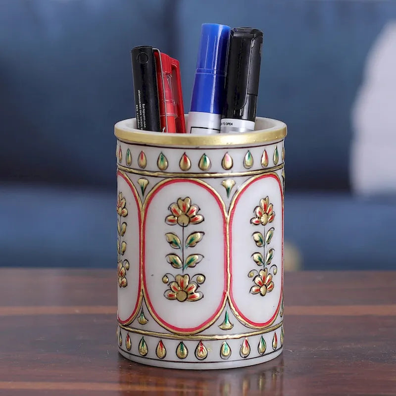 Handmade Marble Pen Holder with Floral Motifs - Made in India