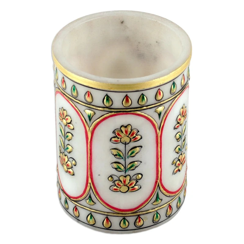 Handmade Marble Pen Holder with Floral Motifs - Made in India